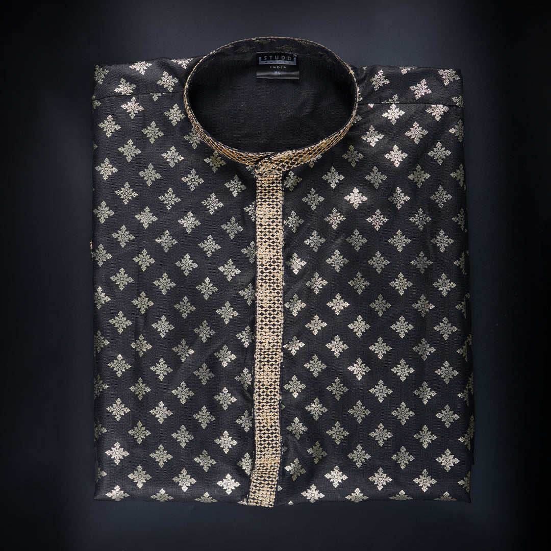 Royal Black Gold Block Print Kurta