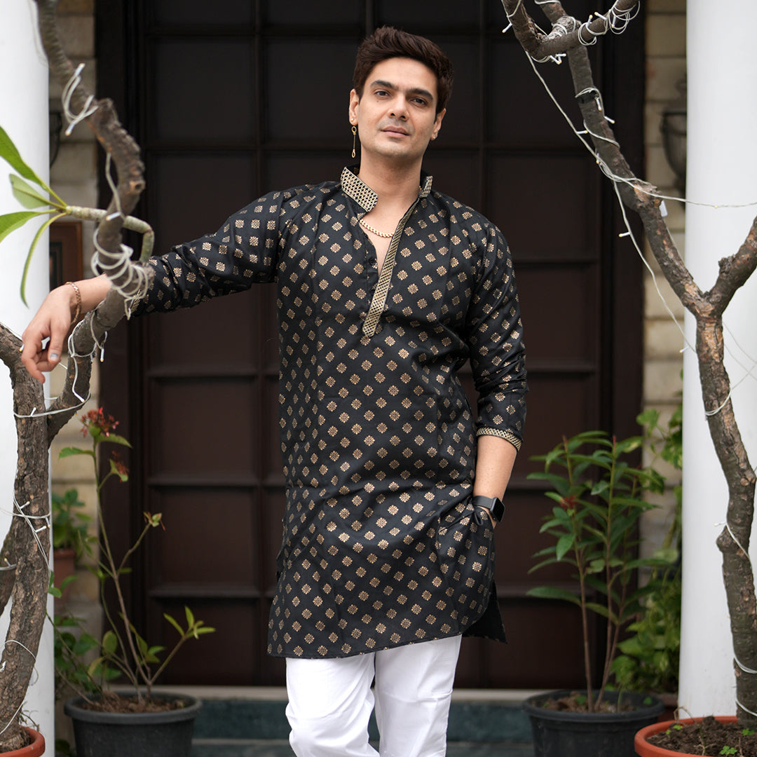 Royal Black Gold Block Print Kurta