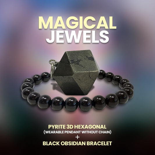 Magical Jewels ( Pyrite 3D Hexagonal Pendant (without chain) & Black Obsidian Bracelet )