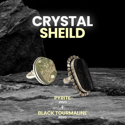 Crystal Shield ( Black Tourmaline Ring +Pyrite Geode Ring )